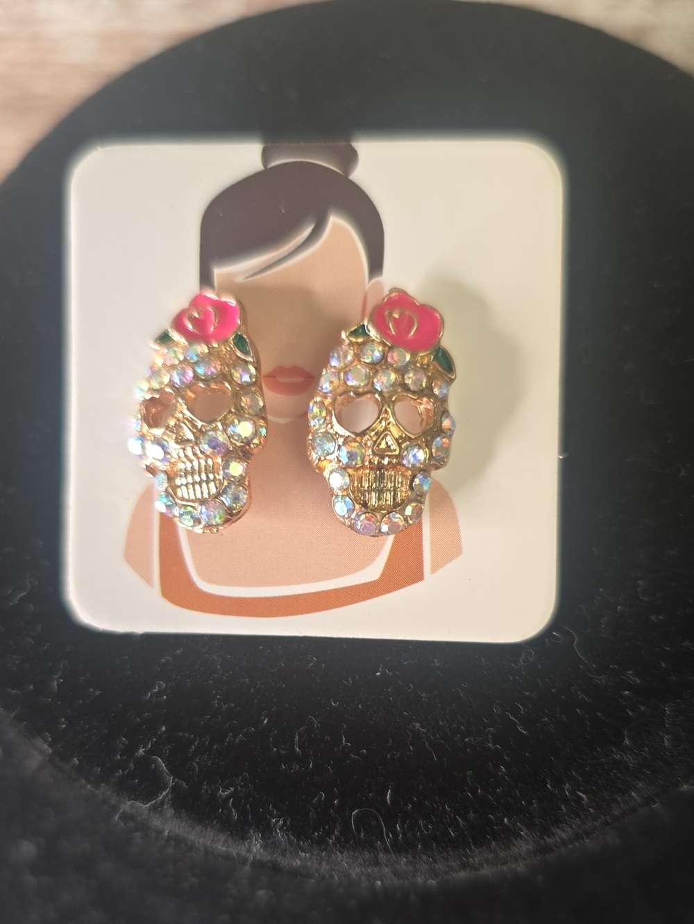 Gold Crystal Skull Stud Earrings with Pink Rose - NWOT